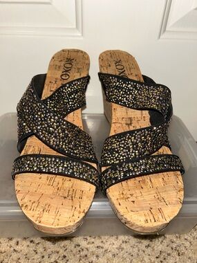 XOXO Black Wedge Sandals with Multitone Crystal Straps